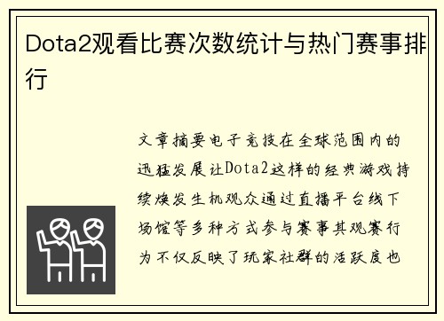 Dota2观看比赛次数统计与热门赛事排行