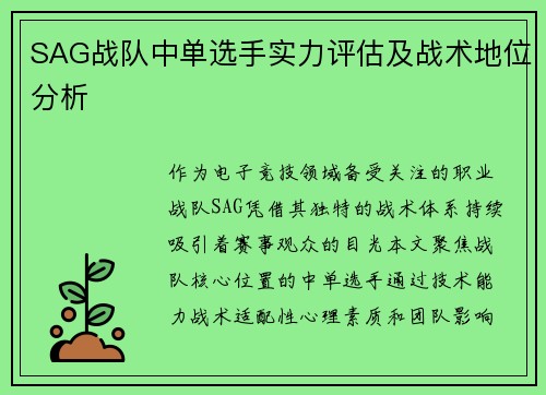 SAG战队中单选手实力评估及战术地位分析