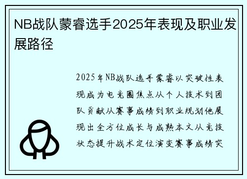 NB战队蒙睿选手2025年表现及职业发展路径
